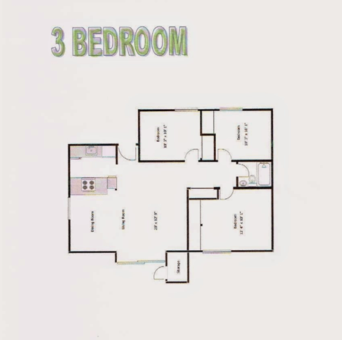 A floor plan of a 3 bedroom apartment.